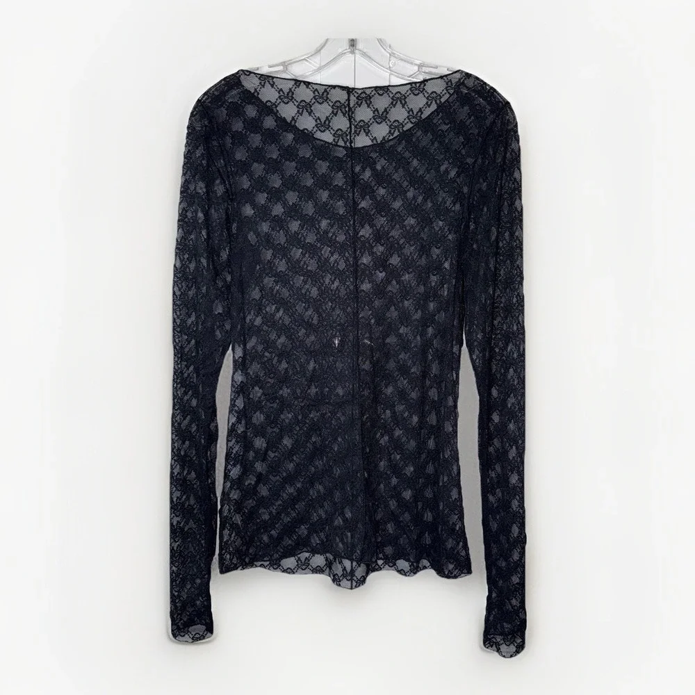 Free People From Me To You Lace Mesh Top Black Sheer Long Sleeve M Whimsigoth